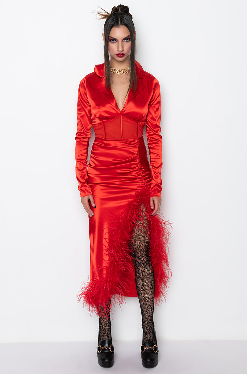 CORSET DETAIL SATIN REAL FEATHER MIDI DRESS RED