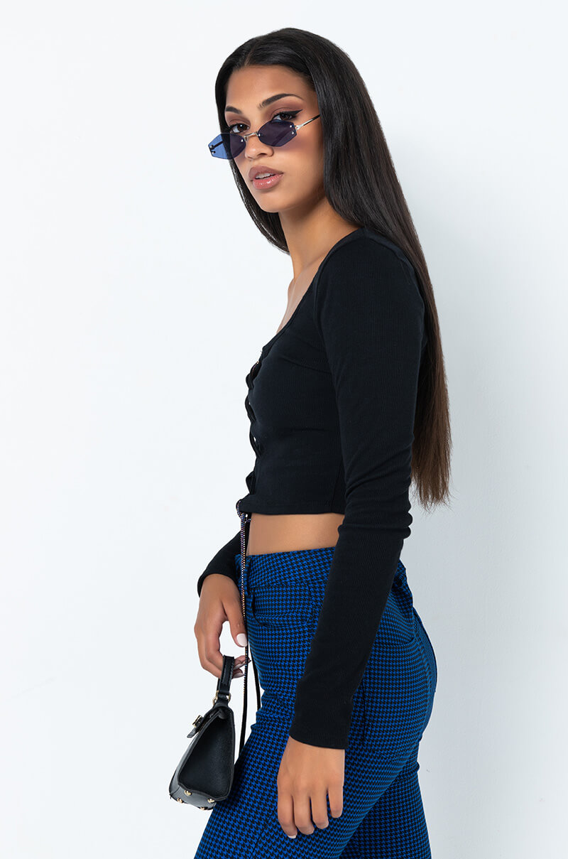 COULD CARE LESS LONG SLEEVE LACE UP CROP TOP