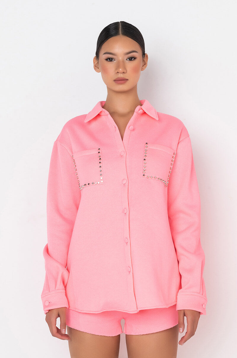 COZY AF FLEECE BUTTON DOWN SWEATSHIRT PINK