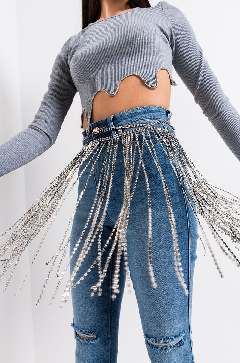 CRISS CROSS RHINESTONE FRINGE SKIRT