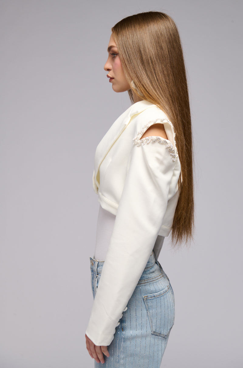 CROP COLD SHOULDER BLAZER WTIH RHINESTONE