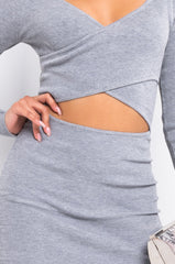 CUT OUT FOR IT LONG SLEEVE SIDE CUT OUT BODYCON MIDID DRESS HEATHER GREY