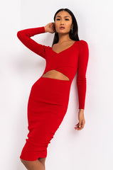 CUT OUT FOR IT LONG SLEEVE SIDE CUT OUT BODYCON MIDID DRESS RED