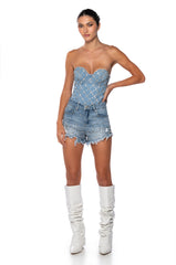 DANCING IN THE RAIN DISTRESSED RHINESTONE DENIM SHORTS