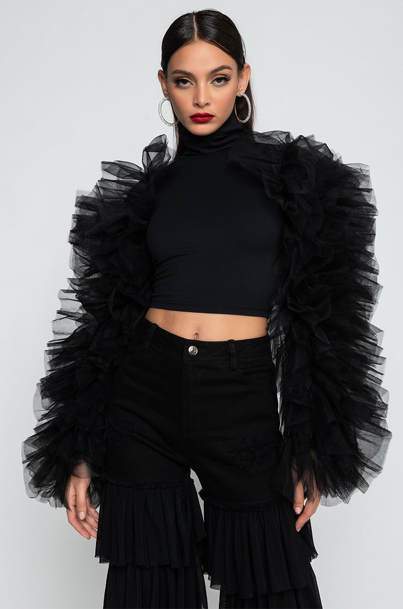 DARING TULLE RUFFLE LONG SLEEVE TOP BLACK