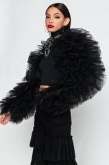DARING TULLE RUFFLE LONG SLEEVE TOP BLACK