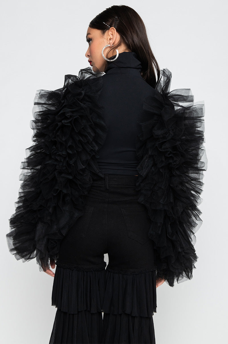 DARING TULLE RUFFLE LONG SLEEVE TOP BLACK