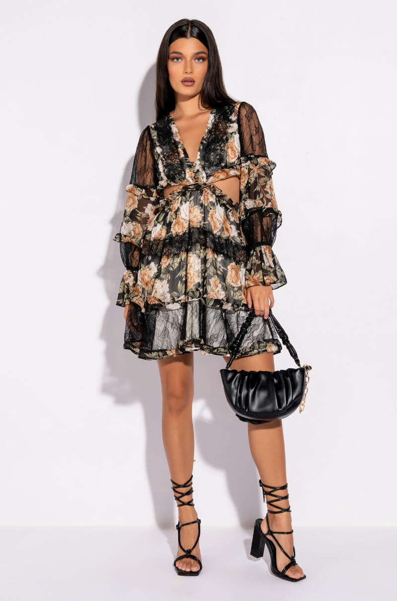 DATE NIGHT MINI FLORAL DRESS WITH CUT OUTS
