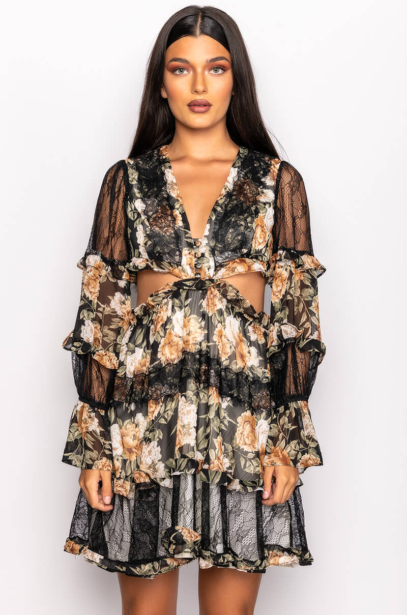 DATE NIGHT MINI FLORAL DRESS WITH CUT OUTS