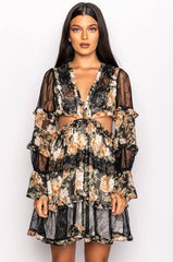 DATE NIGHT MINI FLORAL DRESS WITH CUT OUTS