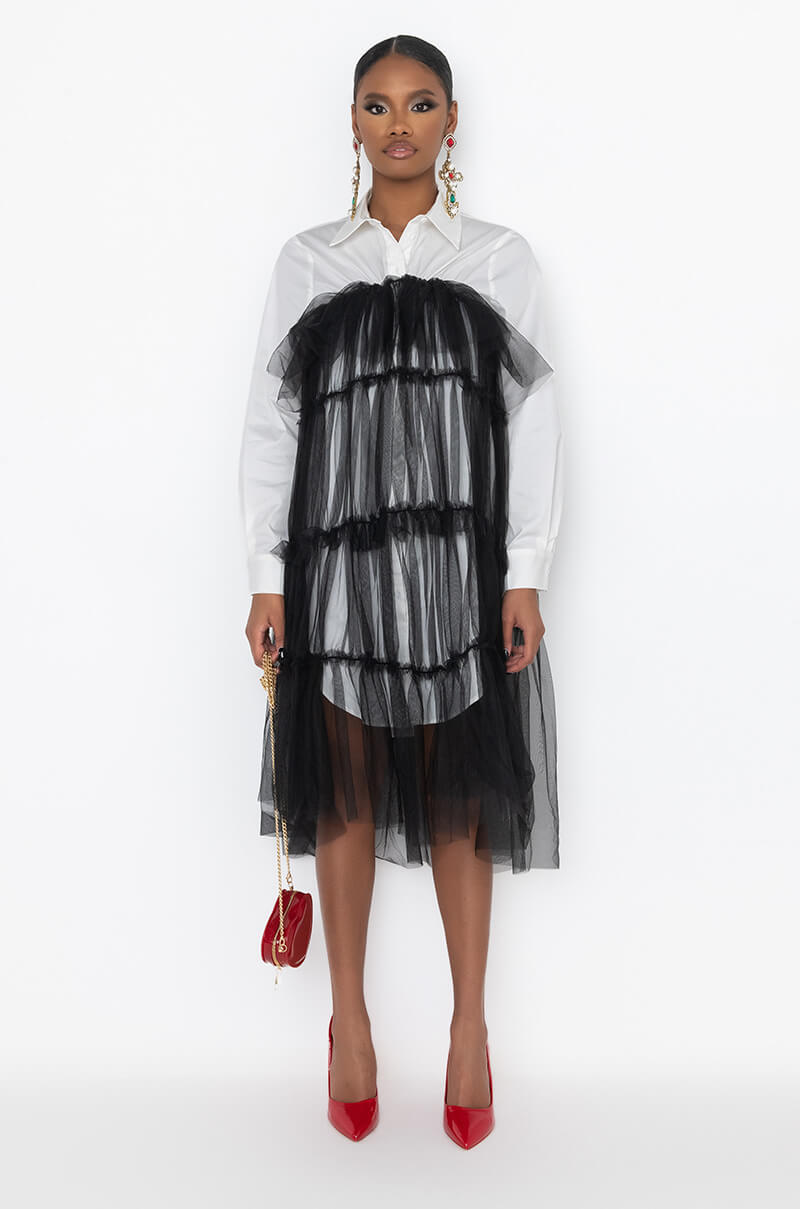 DEEPLY IN LOVE FASHION TULLE MIDI DRESS WHITE BLACK