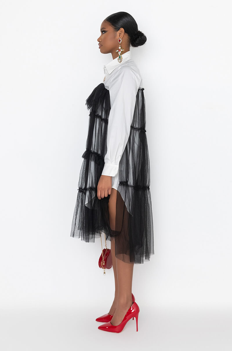 DEEPLY IN LOVE FASHION TULLE MIDI DRESS WHITE BLACK