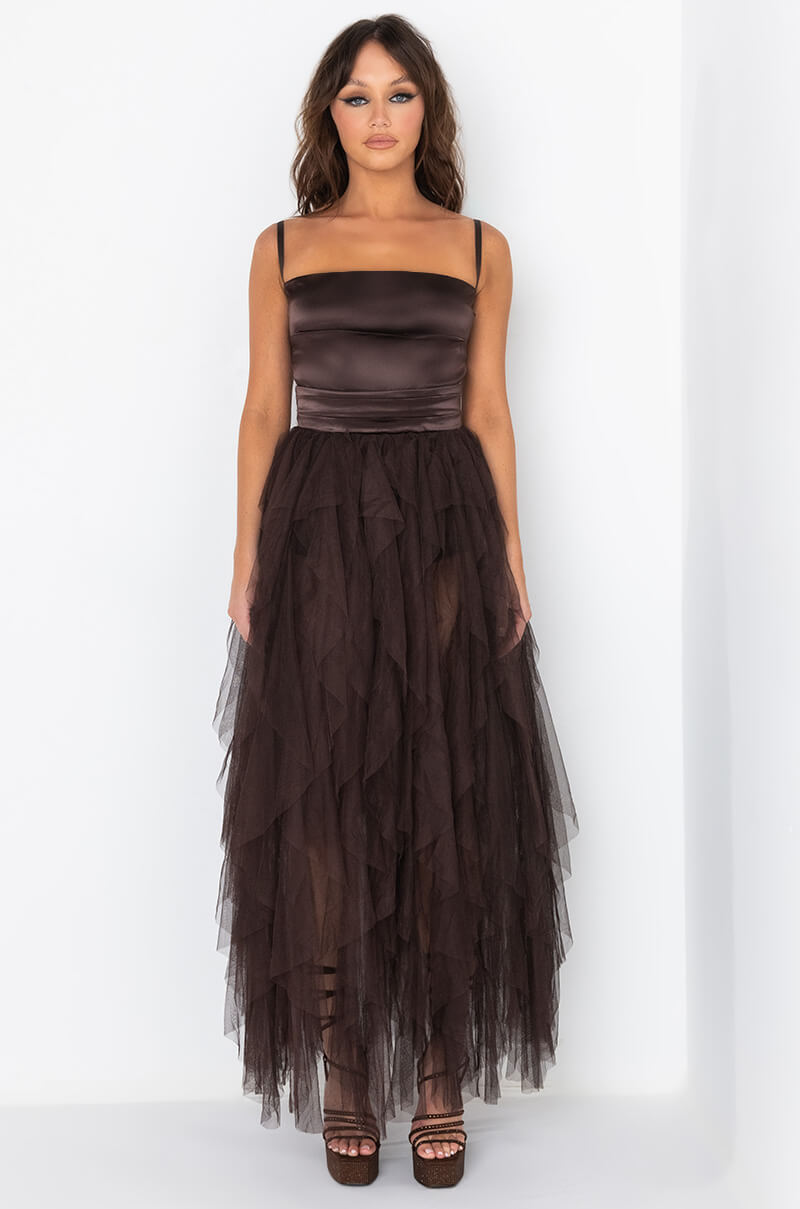 DIVINE TUBE MAXI TULLE DRESS BROWN