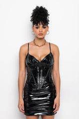 DOM QUEEN VINYL CORSET MINI DRESS BLACK