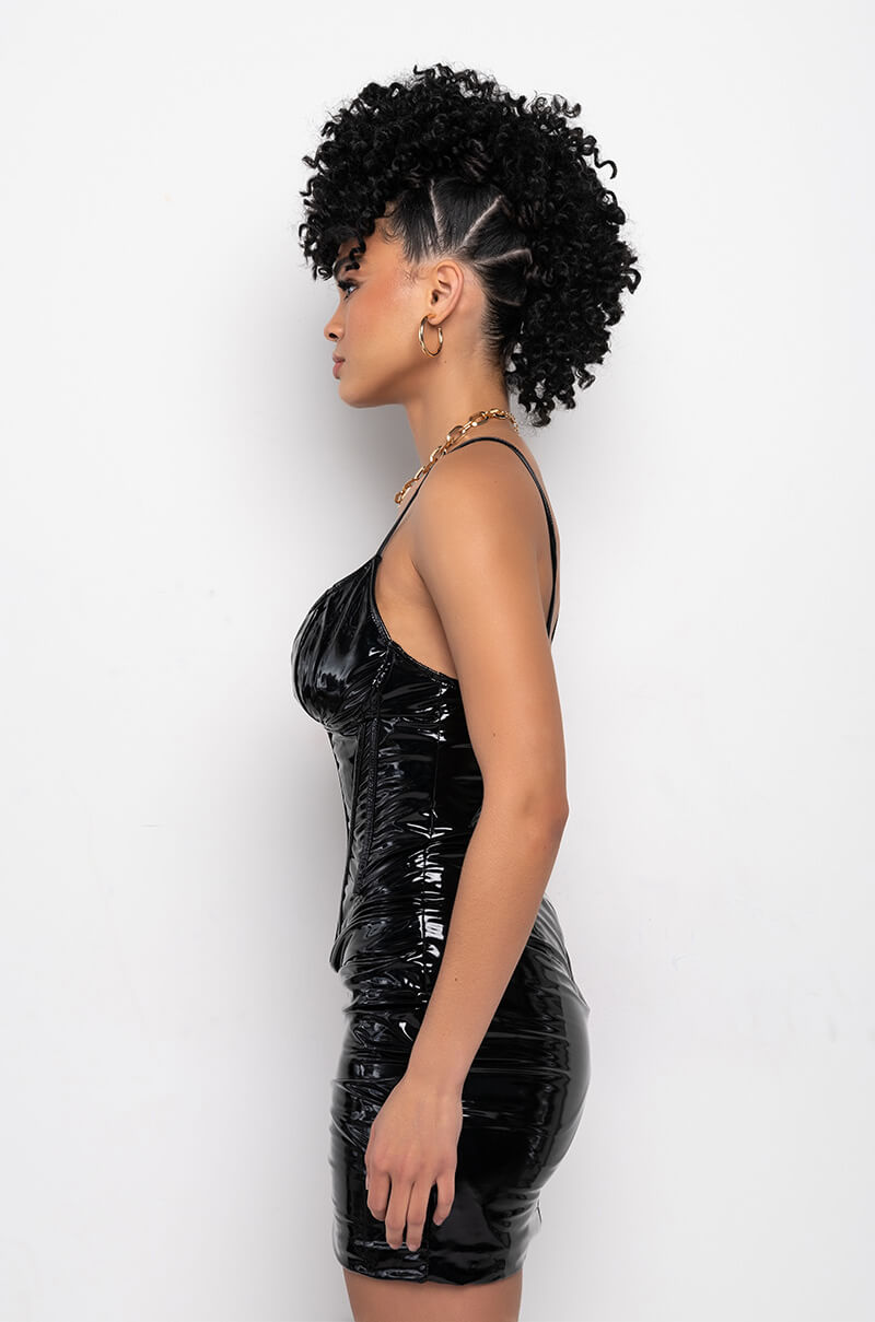DOM QUEEN VINYL CORSET MINI DRESS BLACK