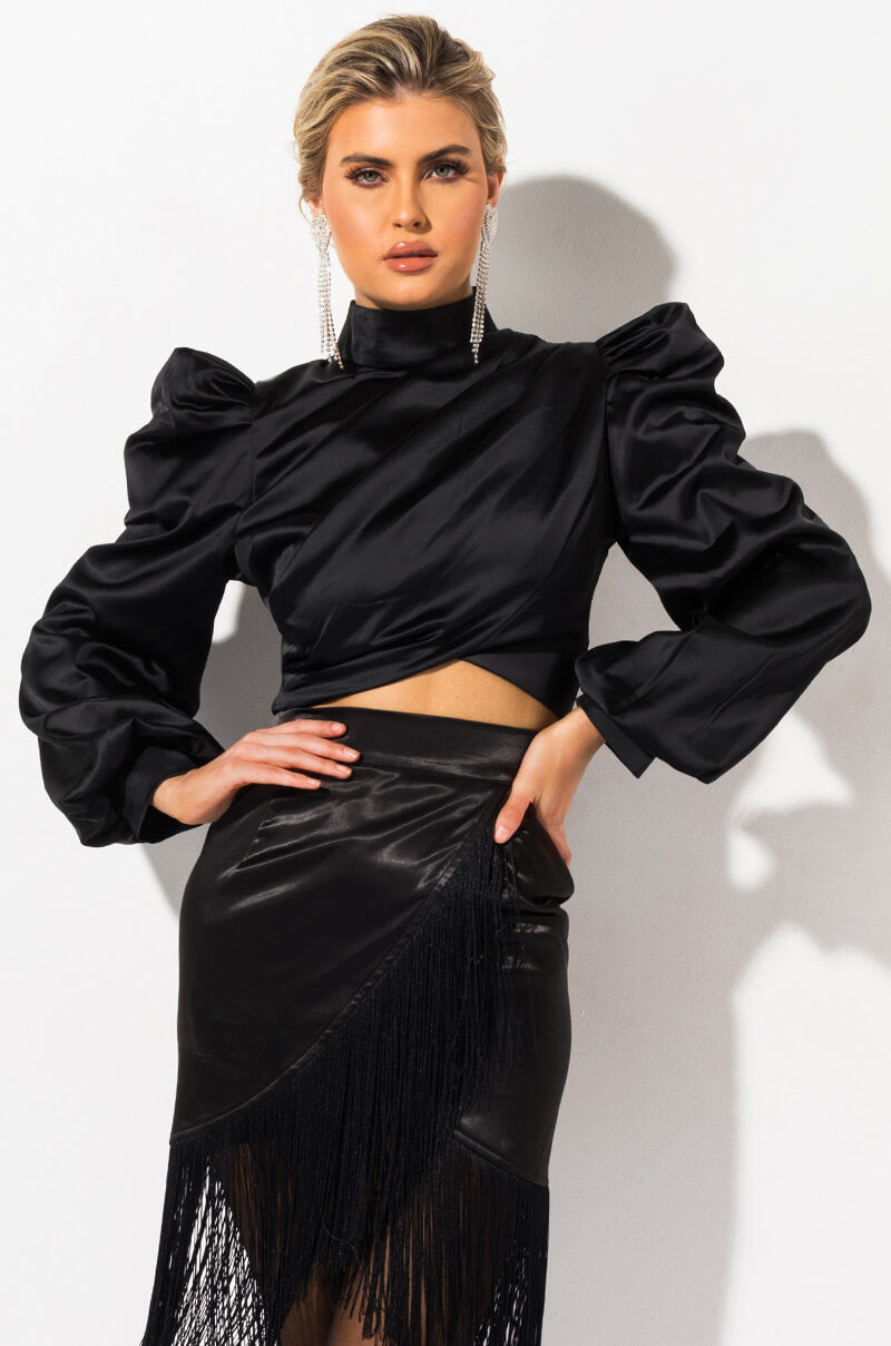 DONT BREAK LONG SLEEVE SATIN CROP TOP BLACK