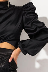 DONT BREAK LONG SLEEVE SATIN CROP TOP BLACK