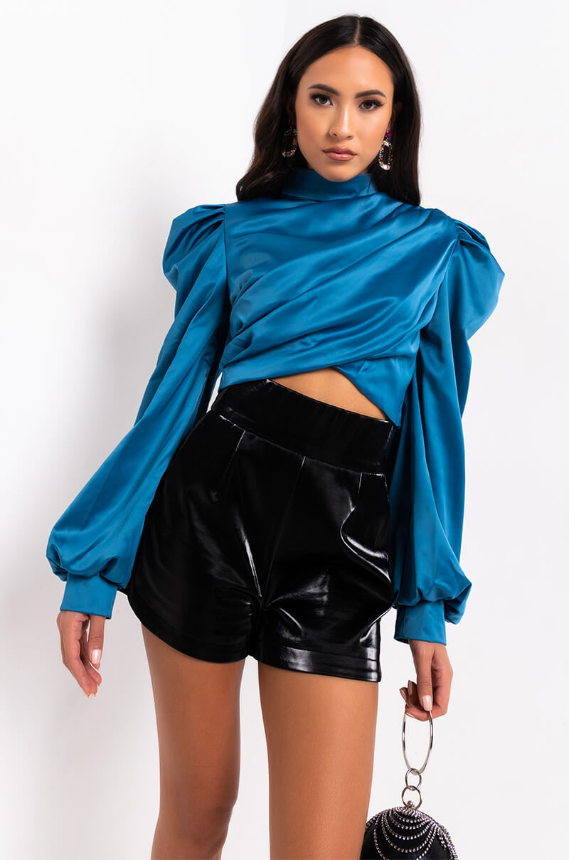DONT BREAK LONG SLEEVE SATIN CROP TOP BLUE