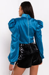 DONT BREAK LONG SLEEVE SATIN CROP TOP BLUE