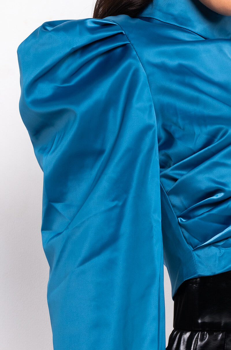 DONT BREAK LONG SLEEVE SATIN CROP TOP BLUE