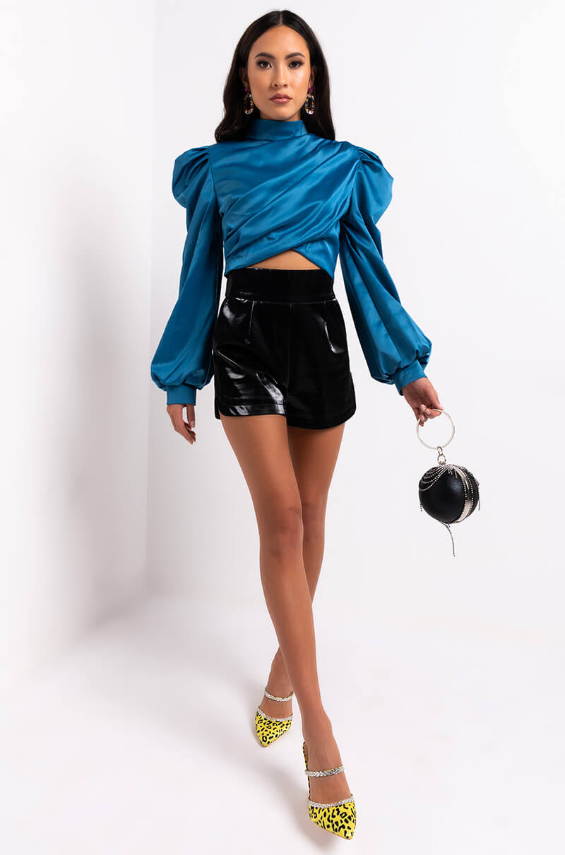 DONT BREAK LONG SLEEVE SATIN CROP TOP BLUE