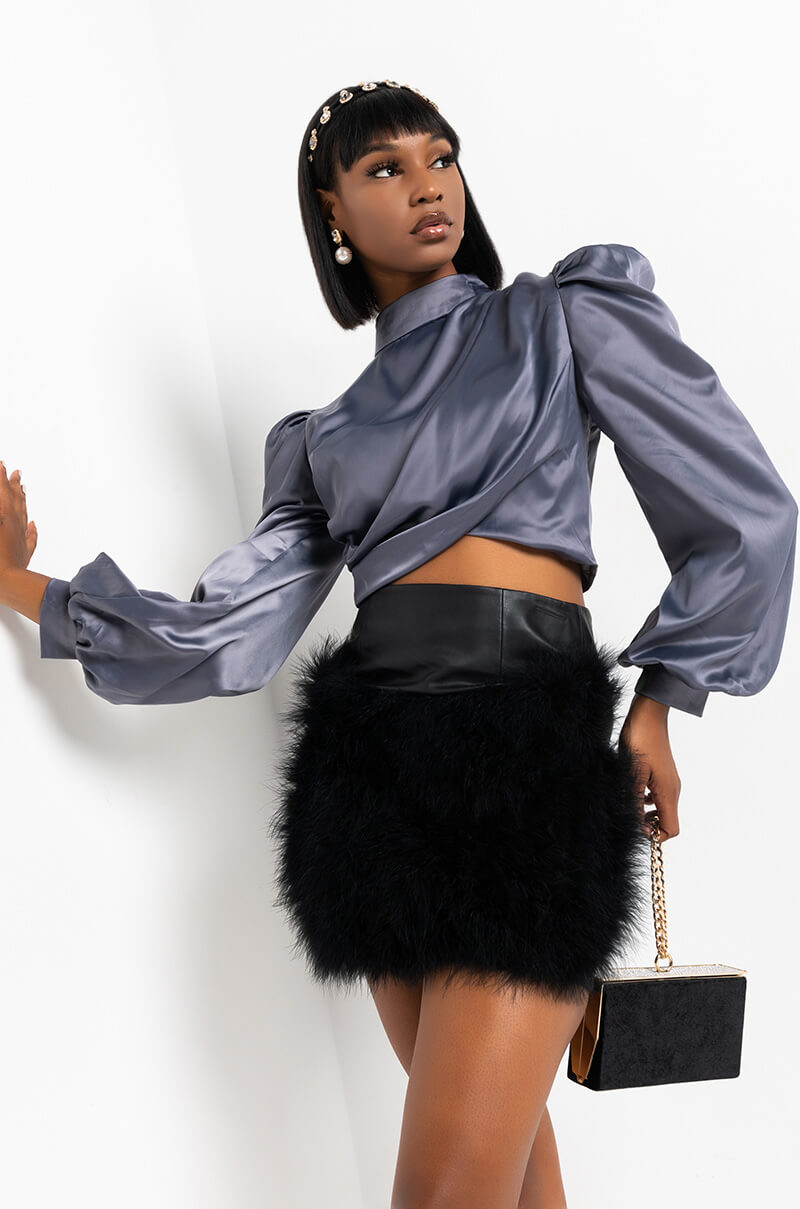 DONT BREAK LONG SLEEVE SATIN CROP TOP CHARCOAL GREY