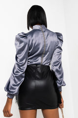 DONT BREAK LONG SLEEVE SATIN CROP TOP CHARCOAL GREY