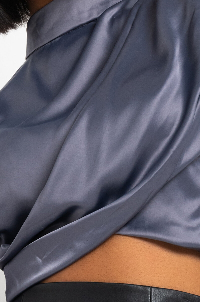 DONT BREAK LONG SLEEVE SATIN CROP TOP CHARCOAL GREY