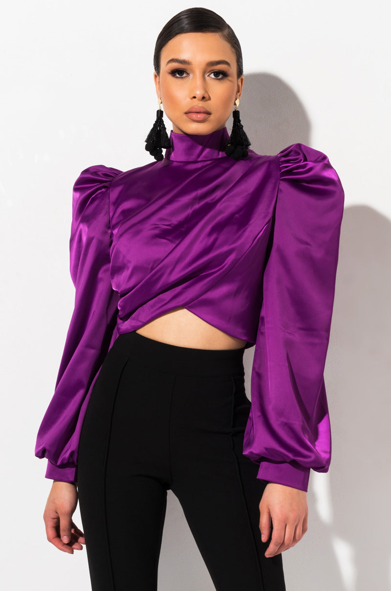 DONT BREAK LONG SLEEVE SATIN CROP TOP PURPLE