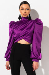 DONT BREAK LONG SLEEVE SATIN CROP TOP PURPLE