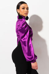 DONT BREAK LONG SLEEVE SATIN CROP TOP PURPLE