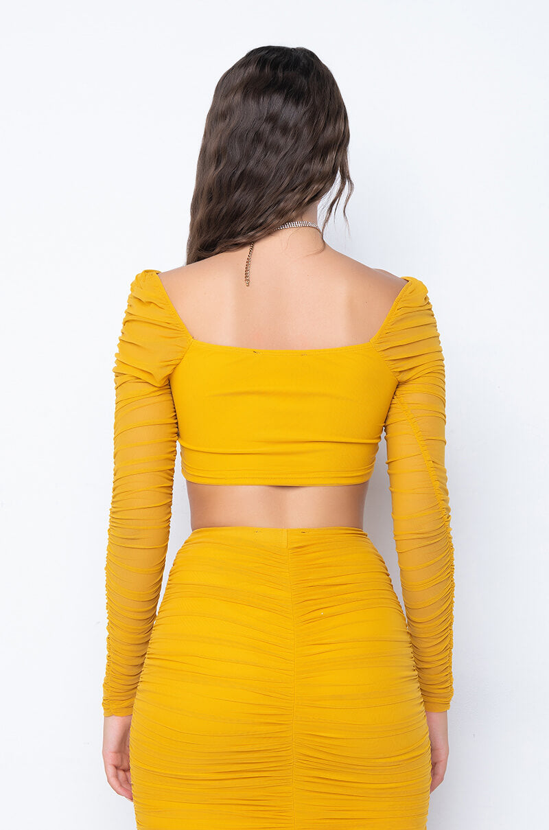 DRAMA FREE CINCHED MESH BLOUSE MUSTARD