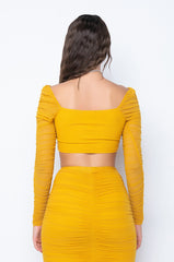 DRAMA FREE CINCHED MESH BLOUSE MUSTARD