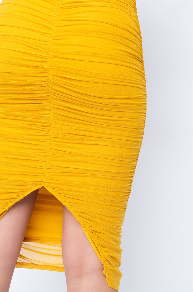 DRAMA FREE CINCHED MESH MIDI SKIRT MUSTARD