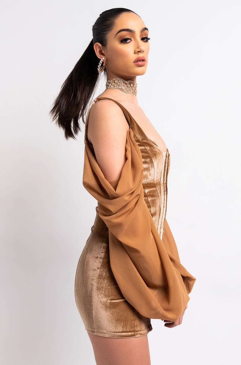 DREAMING IN VELVET CORSET MINI DRESS LIGHT BROWN