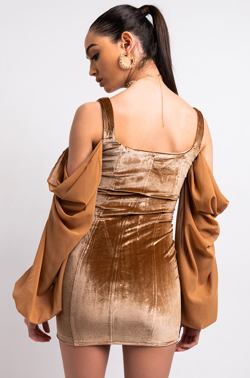 DREAMING IN VELVET CORSET MINI DRESS LIGHT BROWN