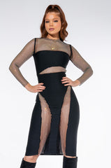 DRESS TO IMPRESS BANDAGE MIDI DRESS WITH RHINESTONE MESH