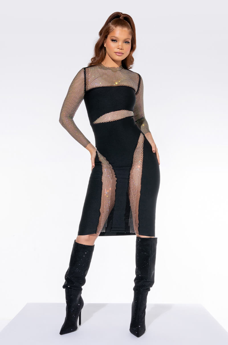 DRESS TO IMPRESS BANDAGE MIDI DRESS WITH RHINESTONE MESH