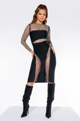 DRESS TO IMPRESS BANDAGE MIDI DRESS WITH RHINESTONE MESH