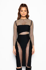 DRESS TO IMPRESS BANDAGE MIDI DRESS WITH RHINESTONE MESH
