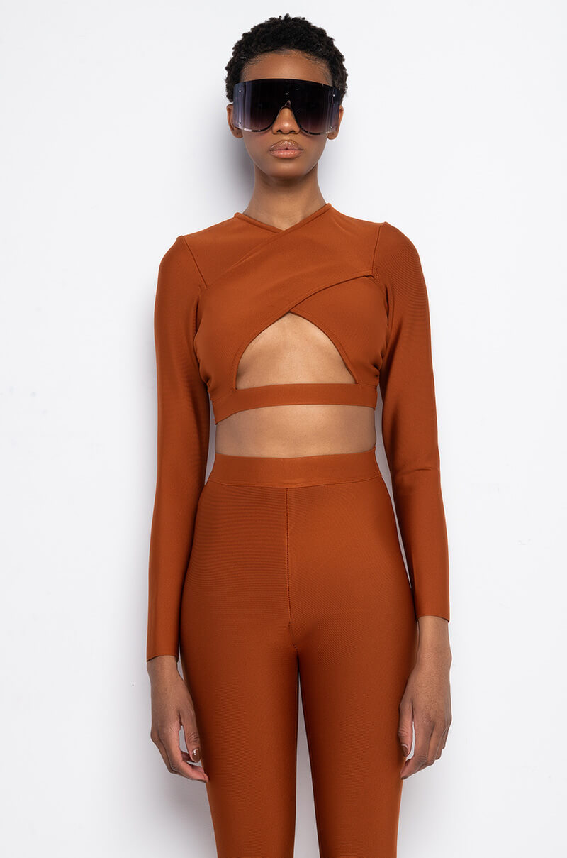 DRINKS ON YOU CUTOUT LONG SLEEVE BANDAGE TOP