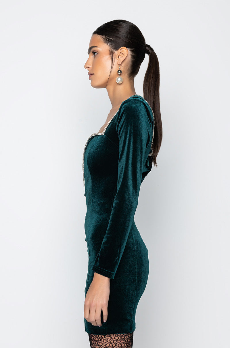 DRIPPIN CLASS VELVET TRIM MINI DRESS GREEN