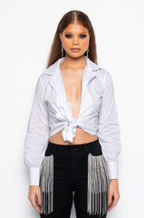 EASY DOES IT CROPPED POPLIN TIE FRONT BLOUSE