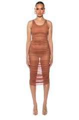 ECHO MESH RUCHED SLEEVELESS MIDI DRESS