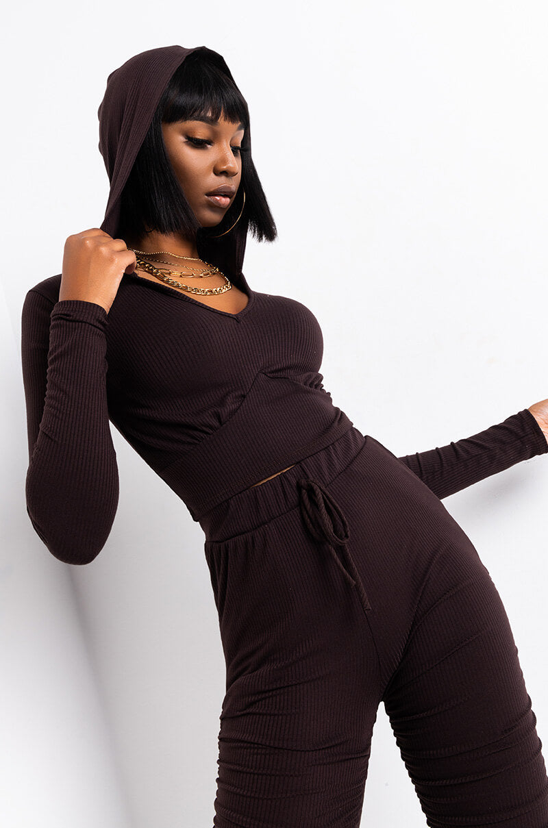 ESSENTIAL AF RIBBED CORSET HOODIE BROWN