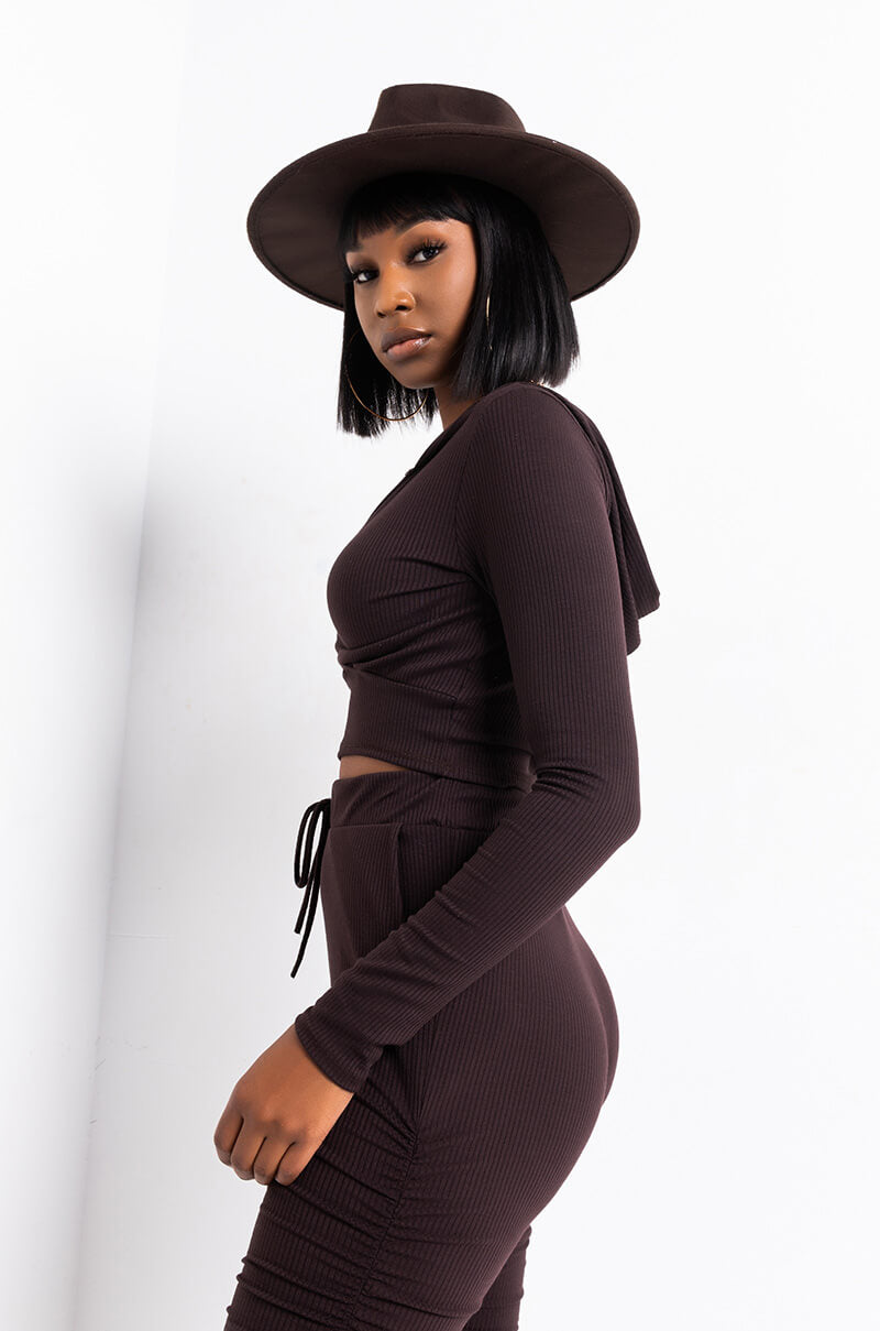 ESSENTIAL AF RIBBED CORSET HOODIE BROWN