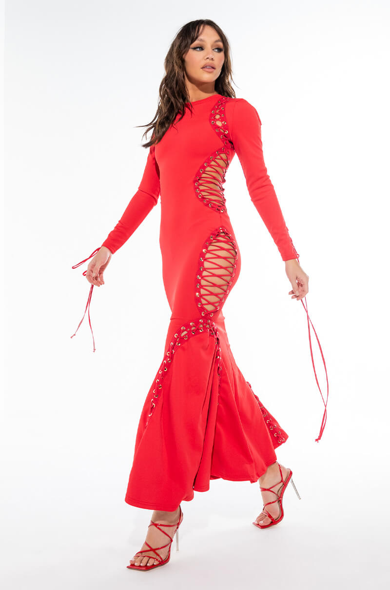 EXPENSIVE DRINKS LACE UP MAXI DRESS