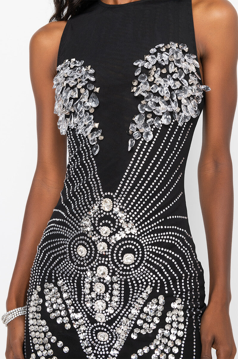 EXPENSIVE TASTE MIDI MESH DRESS WITH RHINESTONES BLACK
