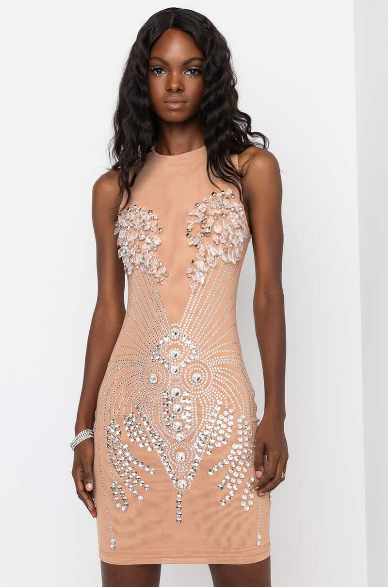 EXPENSIVE TASTE MIDI MESH DRESS WITH RHINESTONES LIGHT BROWN