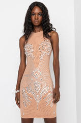 EXPENSIVE TASTE MIDI MESH DRESS WITH RHINESTONES LIGHT BROWN